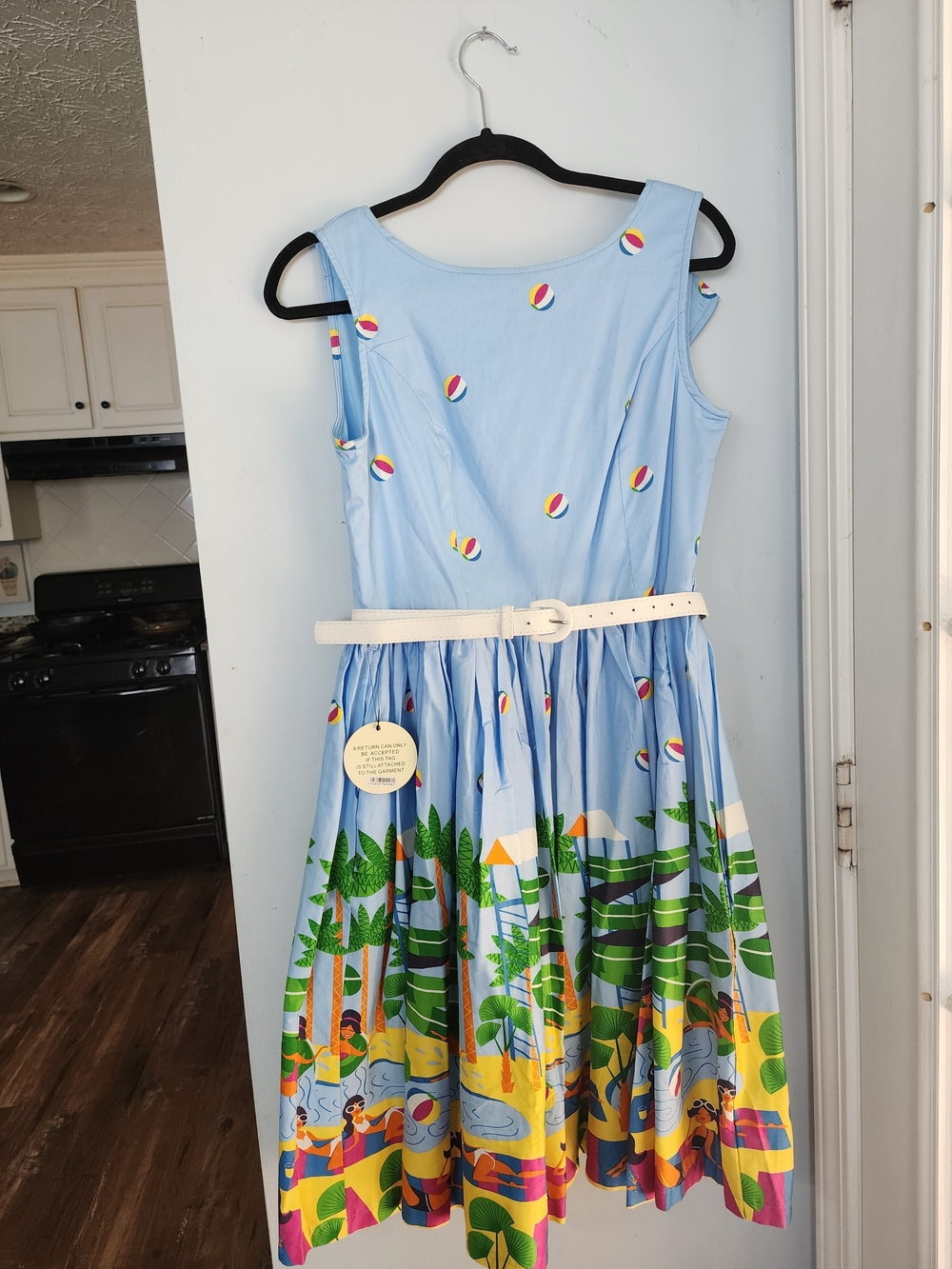 Lindy Bop Light Blue Tropical Print Belted Sundress Pinup Dress